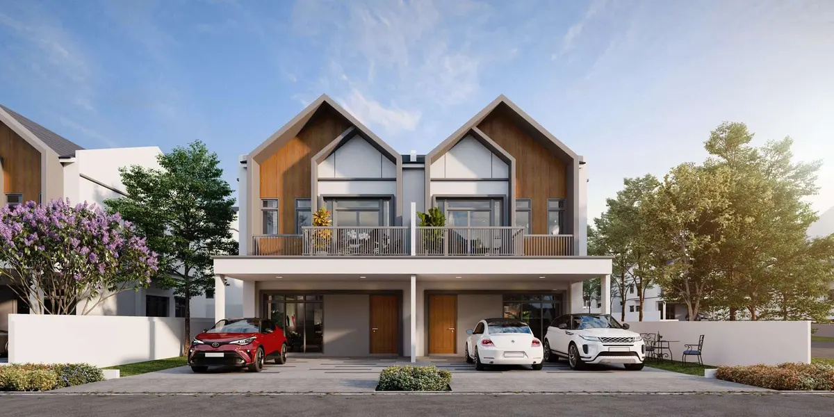 Greenway Grove 2-storey cluster house facade, 32 by 70 feet, U.Reka Indahpura