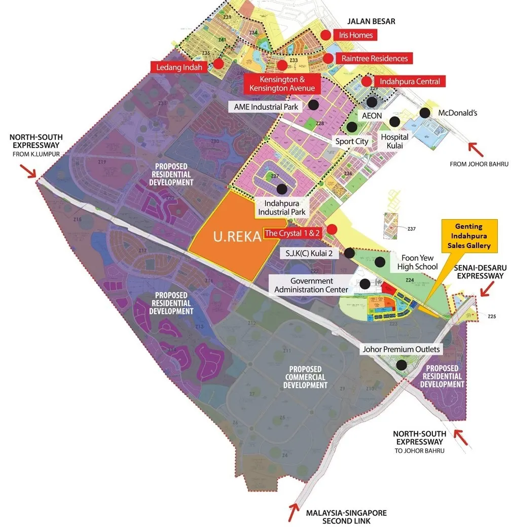 Genting Indahpura township master plan showing U.Reka precinct, Iris Homes, Raintree Residences, Kensington and Indahpura Central